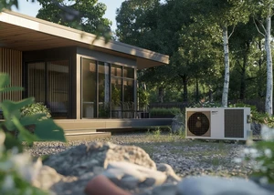 Ein modernes Haus mit einer modernen Wärmepumpe im Garten