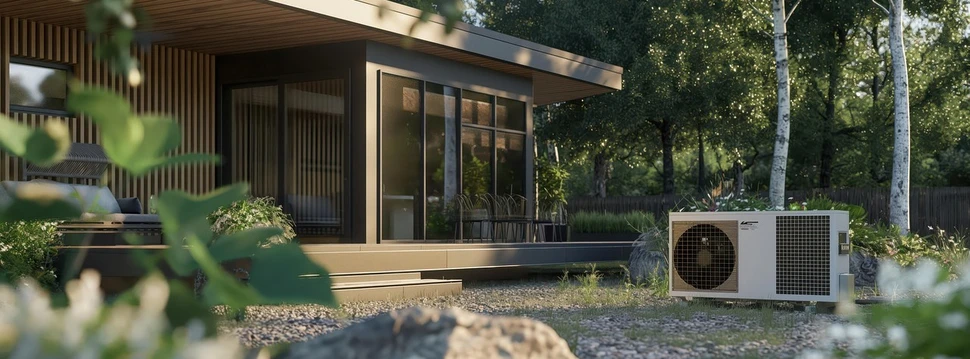 Ein modernes Haus mit einer modernen Wärmepumpe im Garten
