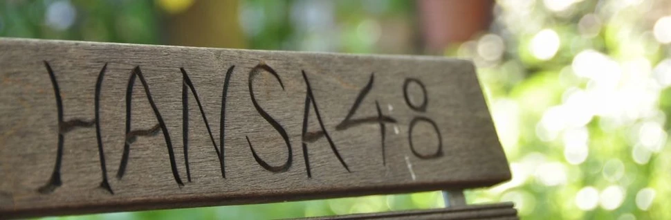 Holzbank mit eingeritztem Schriftzug "HANSA48" im sonnigen Garten.