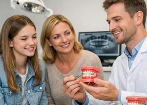 Drei Menschen in einer Arztpraxis während einer Erklärung über die Funktionsweise von Zahnspangen