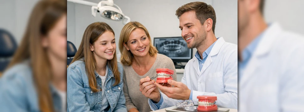 Drei Menschen in einer Arztpraxis während einer Erklärung über die Funktionsweise von Zahnspangen