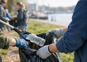 Menschen, die zusammen Müll sammeln und in einem Müllsack entsorgen