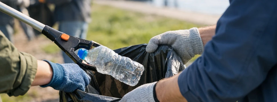 Menschen, die zusammen Müll sammeln und in einem Müllsack entsorgen