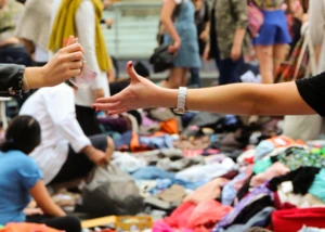 Menschen auf einem Flohmarkt, die gerade miteinander verhandeln