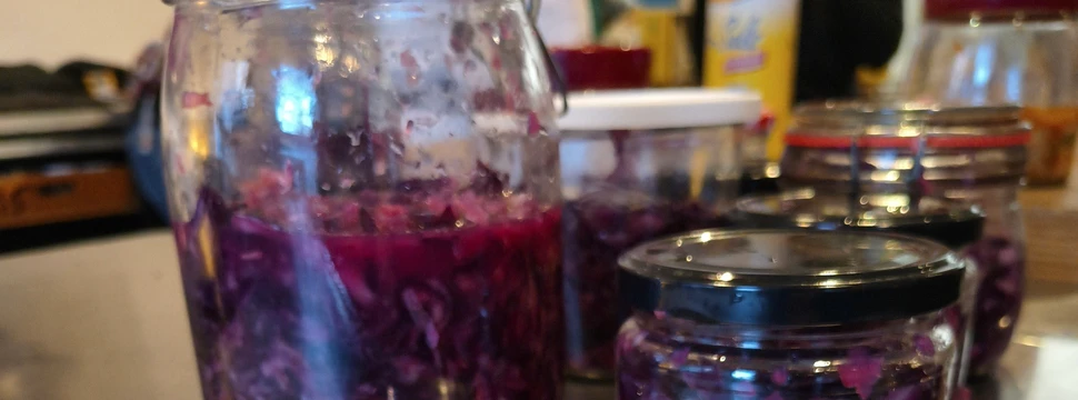 Fermentierter Rotkohl in einem Glas mit Drahtverschluss auf einem Tisch