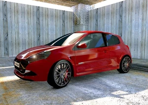 Ein roter Renault Clio vor grauer Holzwand