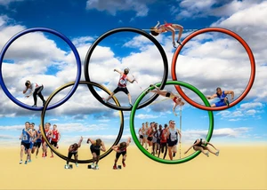 Die olympischen Ringe mit blauem Himmel im Hintergrund und Menschen verschiedener Sportarten dazwischen