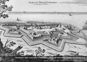 Historische Ansicht der Festung Friedrichsort in Kiel Eine Skizze in schwarz weiß von einer alten Festungsanlage an der Kieler Förde im heutigen Stadtteil Friedrichsort/Pries