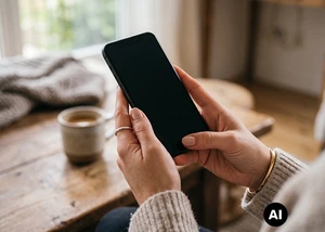 Hände halten ein Mobiltelefon in der Hand (KI generiert)