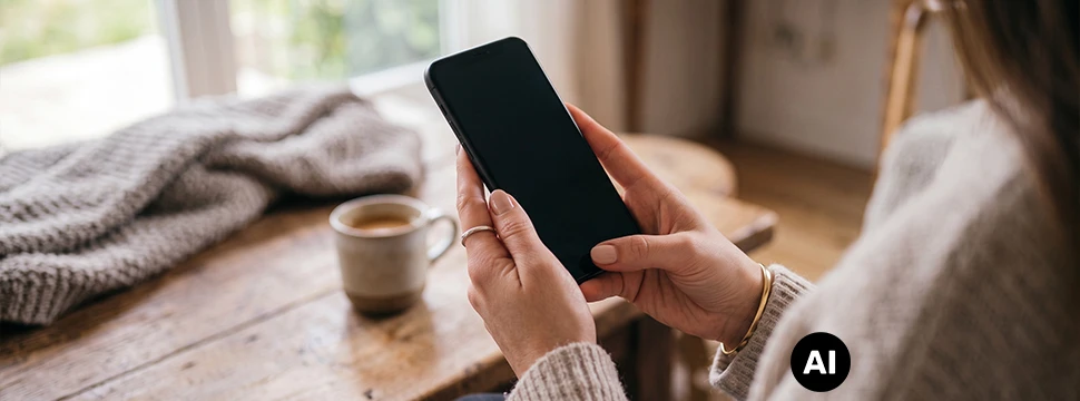 Hände halten ein Mobiltelefon in der Hand (KI generiert)