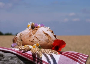 Bauernbrot mit Sommerdeko vor einem Getreidefeld. Ein Bauernbrot mit Blumen- und Ährendekoration auf einem karierten Tuch vor einem Getreidefeld.