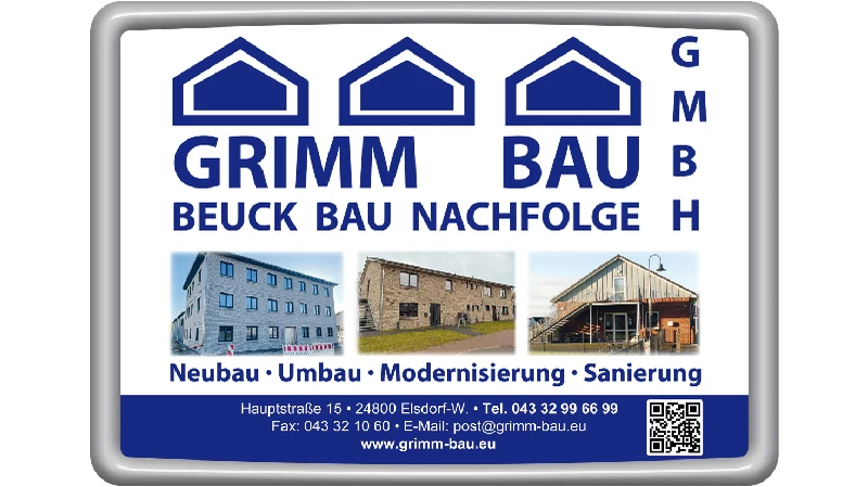 Collage: Logo Grimm Bau GmbH und Fotos von 3 sanierten Gebäuden