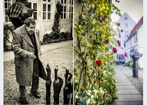 Günter Grass neben seiner Skulptur 7 Vögel