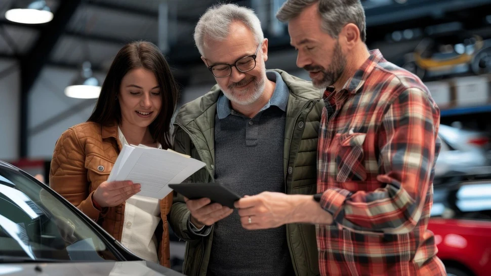 Drei Menschen betrachten Dokumente beim Autokauf in einem Autohaus mit modernen Deckenleuchten