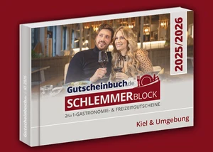 Gutscheinbuch Schlemmerblock 2025/2026 Kiel mit Paar beim Anstoßen im Restaurant auf rotem Hintergrund