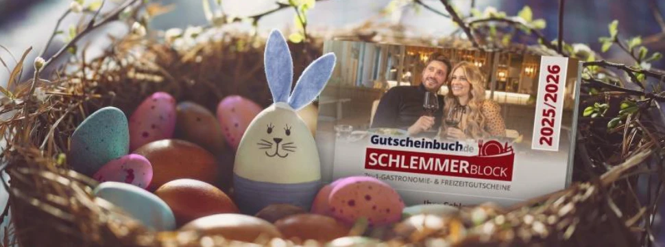 Gutscheinbuch Schlemmerblock 2025/2026 im Osternest mit Osterei.