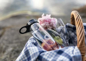 In einem Picknick Korb ist es Flasche Wasser und zwei Sektgläser