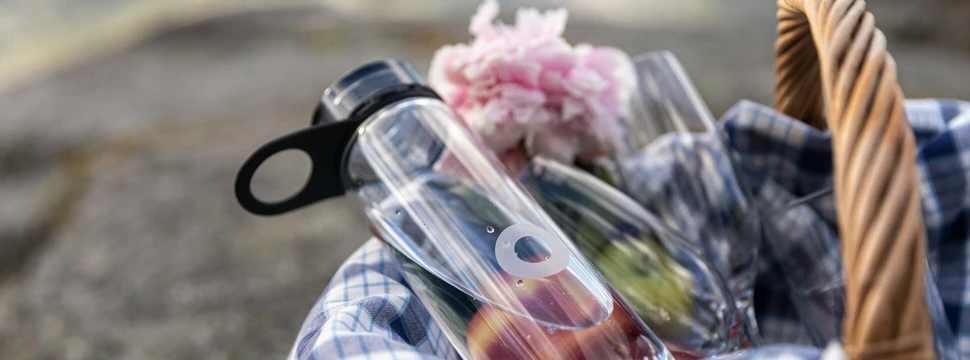 In einem Picknick Korb ist es Flasche Wasser und zwei Sektgläser
