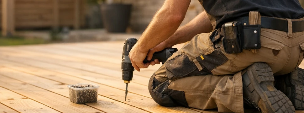 Handwerker schraubt die Dielen bei einer Holzterrasse fest