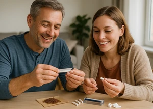 Ein Paar dreht sich Zigaretten aus Tabak