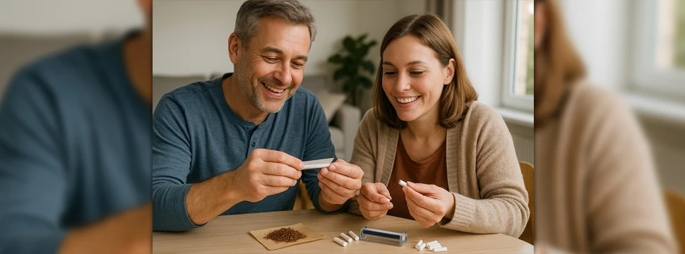 Ein Paar dreht sich Zigaretten aus Tabak