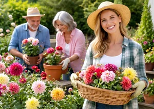 Eine junge Frau und zwei Senioren in mitten von Dahlien