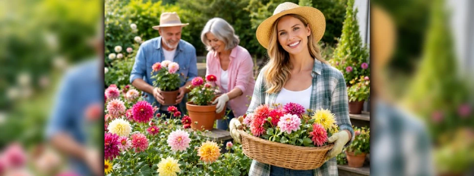 Eine junge Frau und zwei Senioren in mitten von Dahlien