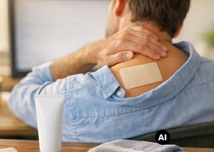 Ein Mann hat seine Hand in den Nacken gelegt, darunter klebt ein Pflaster. Hinter ihm steht eine Tube.