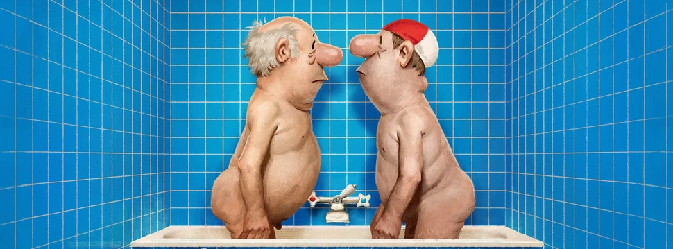 Cartoon von zwei Männer in einer Badewanne, die sich gegenseitig angucken