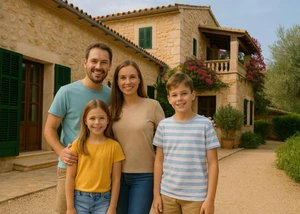 Eine Familie mit Kindern vor einer Finca Eine vierköpfige Familie mit zwei Kindern vor einer Finca auf Mallorca