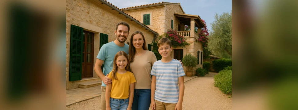 Eine vierköpfige Familie mit zwei Kindern vor einer Finca auf Mallorca