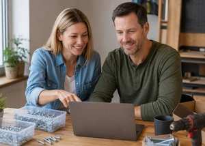 Zwei Personen sitzen vor einem PC und bestellen Schrauben online