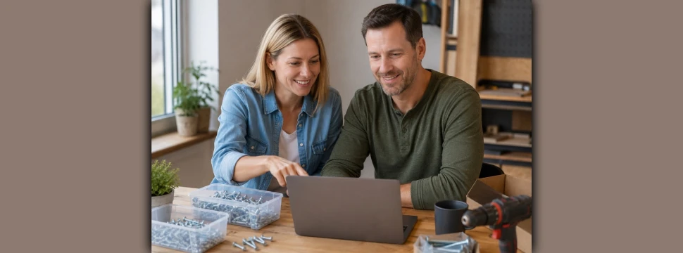 Zwei Personen sitzen vor einem PC und bestellen Schrauben online