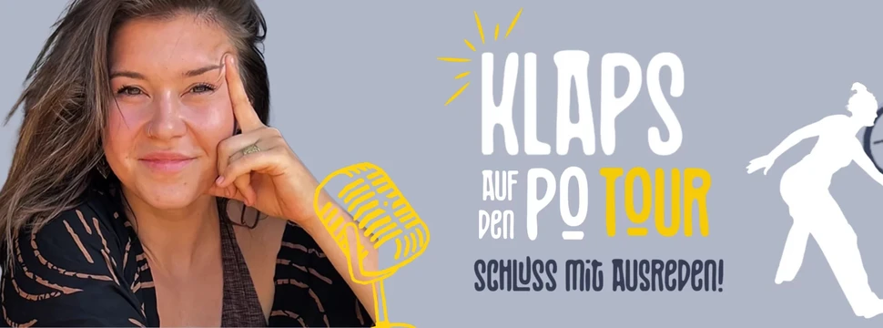 Eine Frau, die sich einen Finger an die Schläfe hält, auf einem Tourplakat