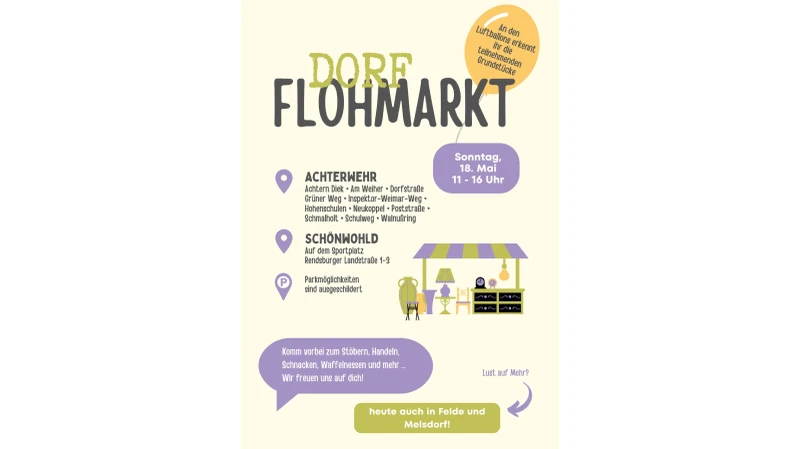 Eine Flohmarkt-Rundreise durch die Randgemeinden lohnt sich Plakat zum Dorfflohmarkt in Achterwehr und Schönwohld