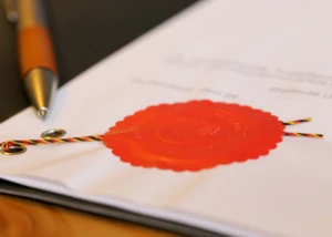 Ein offizielles Dokument mit rotem Siegel wartet auf die Unterzeichnung. Weißes Dokument mit rotem Wachssiegel, bunten Bändern und Kugelschreiber für offizielle Unterzeichnung.