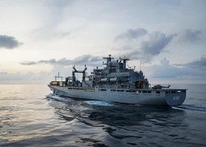 Ein Schiff der Marine auf dem Wasser mit Wolken im Hintergrund