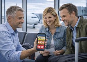 Mann hält ein Handy in der Hand und zeigt einem Paar Zahlen auf seinem Handy