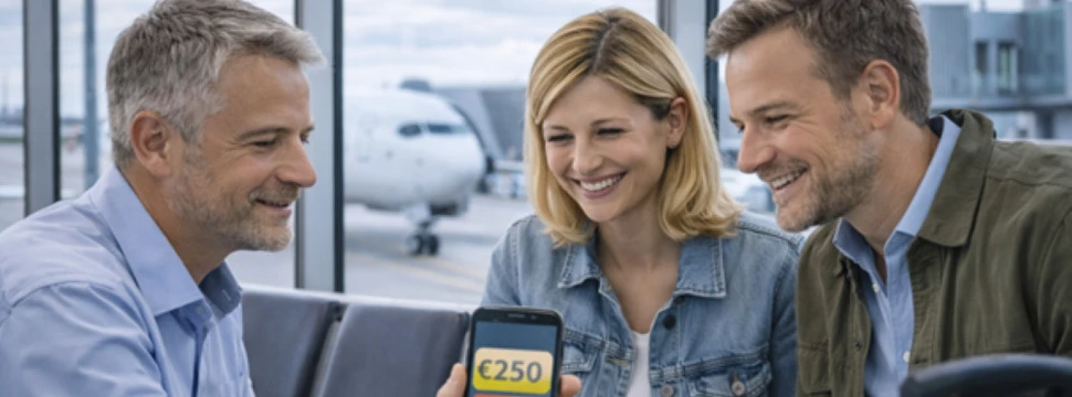 Mann hält ein Handy in der Hand und zeigt einem Paar Zahlen auf seinem Handy