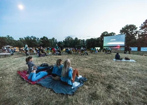 Mehrere Menschen, die auf einer Rasenfläche vor einer Leinwand sitzen, und gemeinsam einen Film schauen