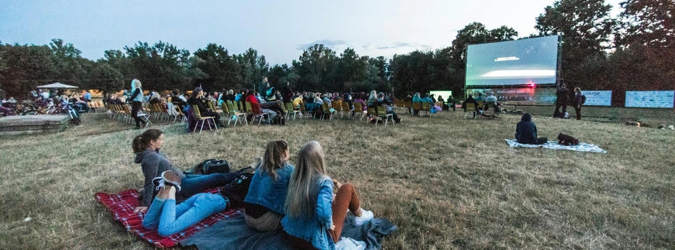 Mehrere Menschen, die auf einer Rasenfläche vor einer Leinwand sitzen, und gemeinsam einen Film schauen