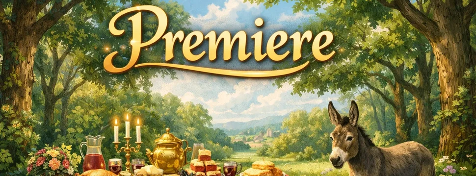 Ein Bild, das auf die Premiere zum Theaterstück "Tischlein, deck dich!" hinweist