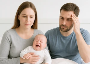 Eine Familie mit einem Baby Zwei erwachsene Menschen vor einer weißen Wand und einem Baby in der Hand