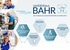 Werbegrafik des Sanitätshaus BAHR mit Mitarbeitern und Produktübersicht in hexagonaler Darstellung.