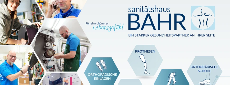 Werbegrafik des Sanitätshaus BAHR mit Mitarbeitern und Produktübersicht in hexagonaler Darstellung.