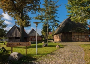 Drei Bauernhäuser im Fachwerkstil zwischen Bäumen und dem Schild Probstei Museum