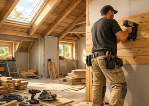 Handwerker beim Innenausbau eines Dachbodens