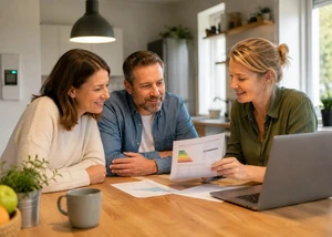 Frau erklärt einem Paar Energiepreise