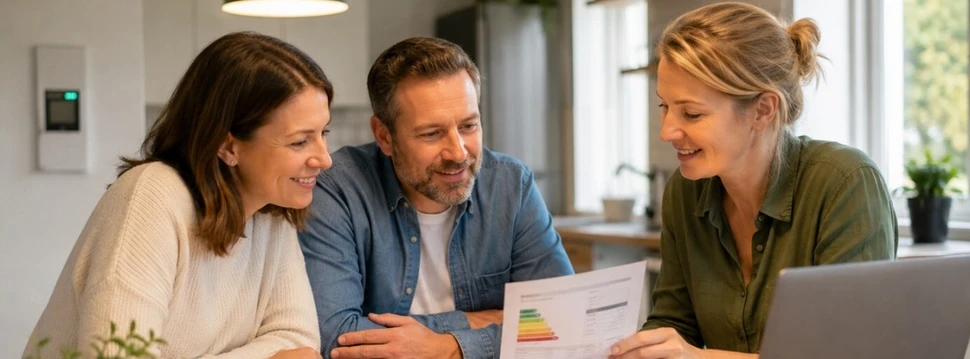 Frau erklärt einem Paar Energiepreise