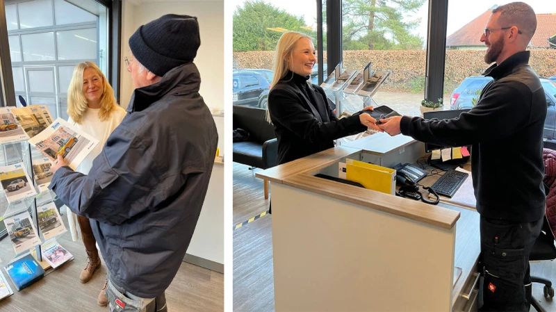 Links: Beratung eines Handwerkers zu Firmenwagen, Rechts: Abholung eines reparierten Autos durch eine Kundin